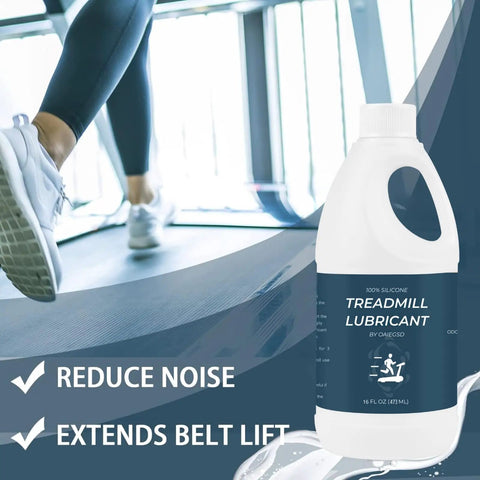 Silicone Treadmill Lube 16 Ounce Belt Oil For Smooth Runs with bottle and runner on treadmill