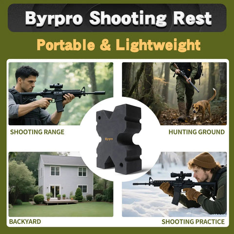 X Block Shooting Rest For Rifles, Ultra Lightweight Portable Bench Block with recoil reduction, shown in various shooting scenarios