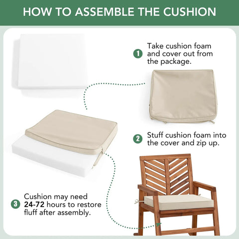 Assembly instructions for Beige Outdoor Chair Cushions Set Of Four Waterproof And Fade Resistant For Patio Furniture With Ties And Hidden Zipper Replacement Cushions Measuring Eighteen Point Five By Sixteen By Two Inches For Comfy All Weather Seating