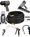 Workhorse Hybrid Air Hose 3/8 Inch By 50 Foot Long Featuring 300 Psi Max Pressure Rating in use with various tools.