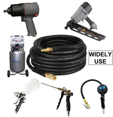 Workhorse Hybrid Air Hose 3/8 Inch By 50 Foot Long Featuring 300 Psi Max Pressure Rating in use with various tools.