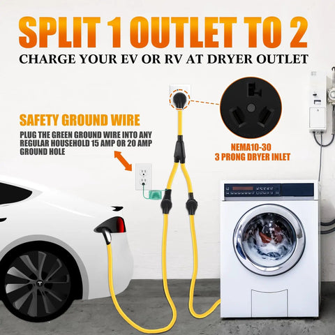 Gotta Charge Both Ride And Rig With This 30 Amp Dryer Y Splitter Converts NEMA 10-30P To Dual 14-50R And 10-30R Ports for EV charging.