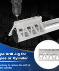 A handheld pipe drill jig that centers the bit on pipes and cylinders, prevents wandering, and delivers precise, repeatable holes.