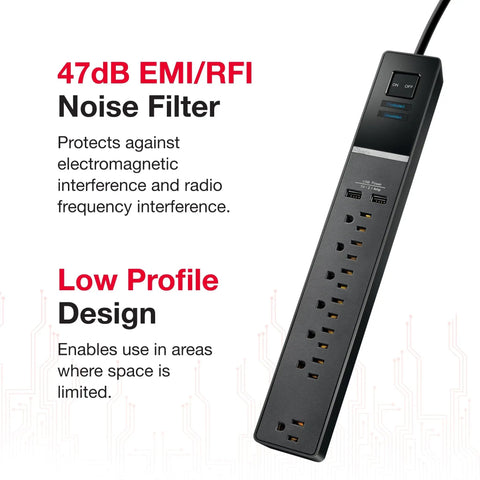 7 Outlet 2 USB Surge Protector Strip 2100 Joules With Surge Protection Multi Outlet Extension Cord For Travel And Home Use Black