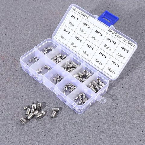 Headless Grub Screw Set Kit 200 Pack With M5 Hex Socket And M8 Stainless Steel Flat Point Fasteners For Locating Pulleys And Gears All In One Heavy Duty High Tensile Strength Metric Bolts, open organizer case