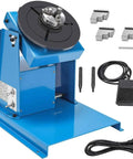 Heavy Duty Portable Welding Positioner Turntable With Foot Pedal Control And 65mm Chuck display with adjustable tilt and various accessories.