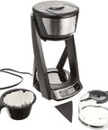 Heat N Brew 10 Cup Programmable Coffee Maker with stainless steel finish, showing coffee maker, carafe, filter basket, and cord