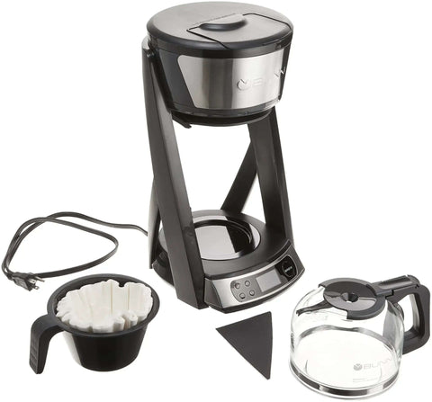 Heat N Brew 10 Cup Programmable Coffee Maker with stainless steel finish, showing coffee maker, carafe, filter basket, and cord