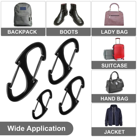 Anti Theft Zipper Pull Clips 20 Pack For Backpacks Luggage Handbags And Purses With Lobster Style Carabiner Clasps And Double Sided Zipper Locks Durable Travel Deterrents For Keys Suitcases And Bags Grab And Go Ready shown with bags boots jackets.