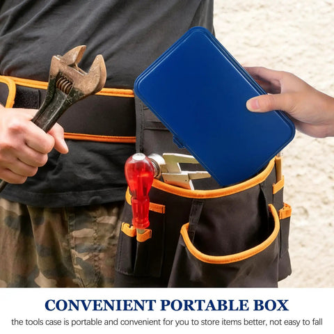 Heavy duty metal toolbox with secure latch in a tool belt, ideal for trunk truck cargo organization and portable shop storage.