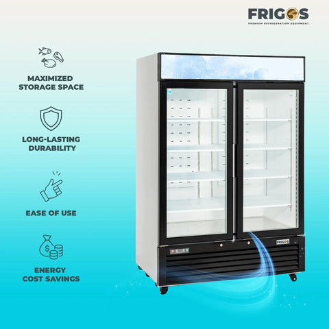 Shop Grade 49 Cubic Foot Double Glass Door Commercial Merchandiser Freezer In Clean White with double glass doors and spacious shelves.