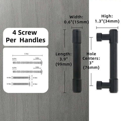 2 Pack Matte Black Cabinet Pulls, 3 Inch Hole Centers, Aluminum Kitchen Drawer Handles product dimensions and screws