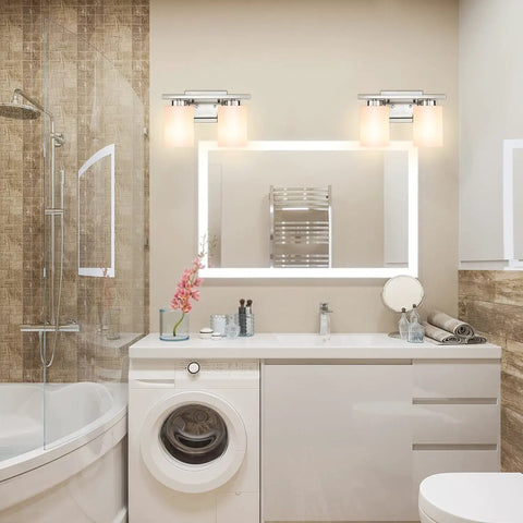 Two-Light Bathroom Vanity Fixture With Frosted Glass Shade, Sleek Brushed Nickel Wall Mount Vanity Light Above Mirror