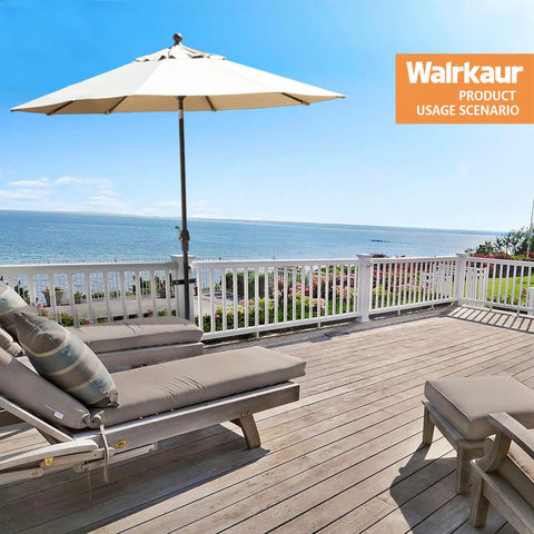 Heavy Duty 304 Stainless Steel Patio Umbrella Holder Fits Up To 2 Inch Umbrella on deck railing, holding large umbrella