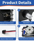 Front view of 24-volt pool valve actuator product details infographic with manual switch, adjustable cam, and valve control.