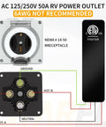 Outdoor NEMA 14-50R 50 Amp RV Power Outlet Box 125/250V Weatherproof And Dustproof ETL Listed interior view showing wiring.