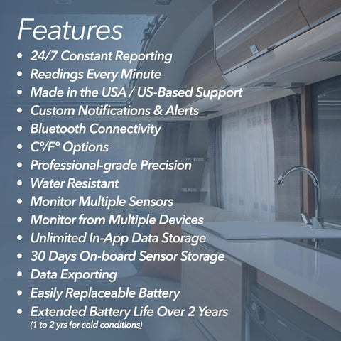 SensorPush HTP.xw smart temperature and humidity sensor features list on blue overlay