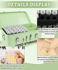 60 Slot Metal Seed Storage Organizer With Lid And Safety Locks For Garden Use Rust Proof Seed Saving Box Includes 60 Envelopes And 64 Labels Three Compartments Great For Flowers And Plants open showing seed bottles inside