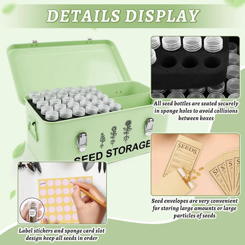 60 Slot Metal Seed Storage Organizer With Lid And Safety Locks For Garden Use Rust Proof Seed Saving Box Includes 60 Envelopes And 64 Labels Three Compartments Great For Flowers And Plants open showing seed bottles inside