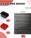 Wall Mounted Bolt And Screw Organizer Bins Set with 4 black hanging plates and red bins, shown with dimensions for garage use.