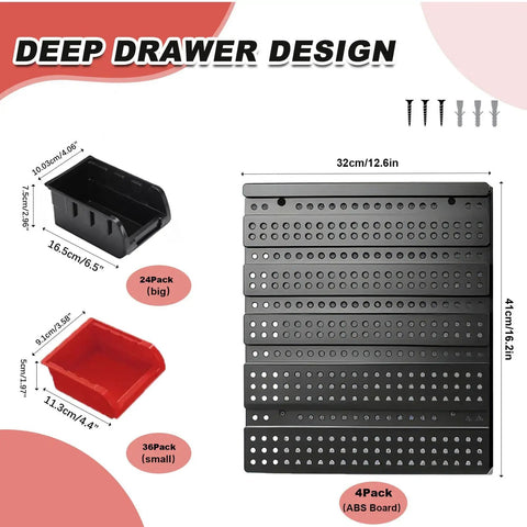 Wall Mounted Bolt And Screw Organizer Bins Set with 4 black hanging plates and red bins, shown with dimensions for garage use.
