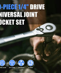 One Quarter Inch Drive Universal Joint Socket Set With Swivel And Wobble Sockets Nineteen Piece being used in tight space repair