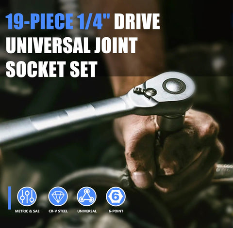 One Quarter Inch Drive Universal Joint Socket Set With Swivel And Wobble Sockets Nineteen Piece being used in tight space repair
