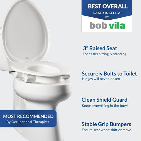 3 Inch Raised Toilet Seat For Seniors With Secure Hinges No Wobble Clean Shield Guard Elongated White Heavy Duty Plastic Easy In And Out Safety First Supports Up To 1000 Lbs on toilet with features highlighted