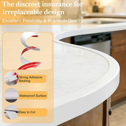 Easy Peasy Peel And Stick Wall Corner Guard, Flexible Tpe Edge Strip on kitchen countertop with strong adhesive backing.