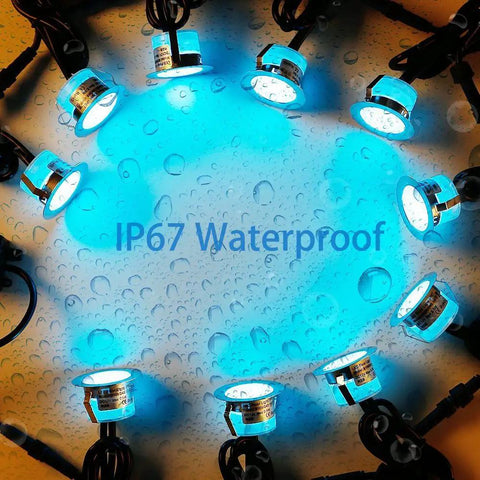 Lit 20-Piece LED Deck Lights Kit With 1.22 Inch Recessed RGBW LEDs, glowing blue, highlighting IP67 waterproof feature.