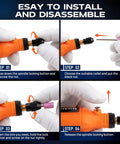 Mini Cordless Rotary Tool Kit Pen Shaped And Rechargeable With Five Adjustable Speeds Type C fast charge installation steps in four images.