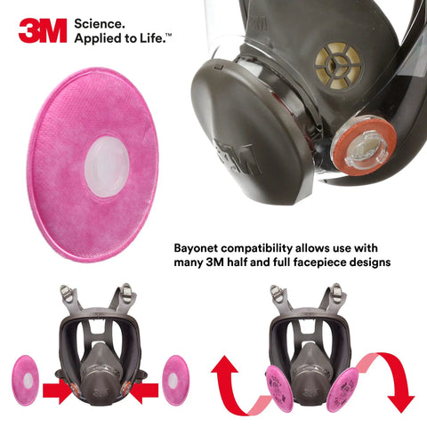 Pink P100 Particulate Filter 2091 for your respirator NIOSH approved, shown with half and full facepiece compatibility, 3M design