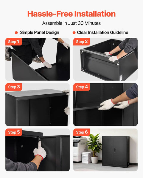 Sturdy 41.7 Inch Metal Storage Cabinet With 3 Tiers, 2 Adjustable Shelves, Lockable Magnetic Doors And 2 Keys, Heavy-Duty Steel Garage Pantry For Workshop, Basement, Office, Black assembled in six steps