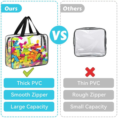 Comparison of 4 Pack Clear PVC Toy Storage Bags With Zipper showing thick PVC and large capacity versus thin PVC alternative.