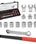 Universal Serpentine Belt Ratcheting Tool Set 15 Piece Pro Grade Belt Tensioner Kit shown with wrenches and sockets