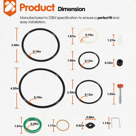 Repair Kit For 5 To 1 Fire Ball 300 Oil Pumps And Fireball Universal Pumps components with dimensions, seals visible