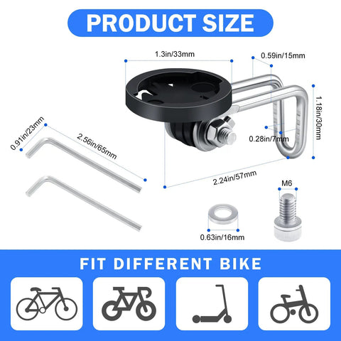 Center Fork Mount Bike Headlight Holder For Cycling Rotatable Steel And Plastic Bracket dimensions with accessories shown