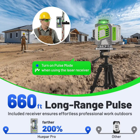Self Leveling 360 Degree Green Cross Line Laser Level With Receiver For Outdoor Use Up To 660 Feet 4x360 Degree Coverage Rechargeable Laser Level Tool For Construction And DIY Projects on tripod at construction site