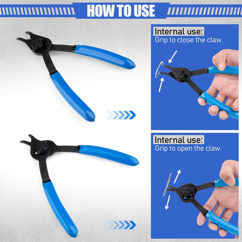 Pro Grade 12 Piece Snap Ring Pliers Set With Quick Switch for internal use demonstration, showing grip action with blue handles