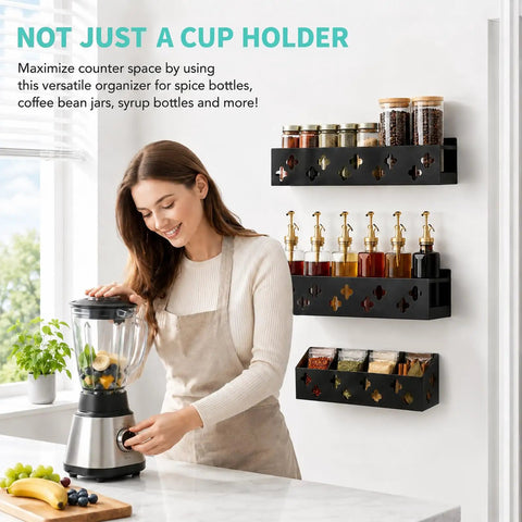 Woman using blender in kitchen with wall-mounted Magnetic Fridge Bottle Organizer And Cup Holder Kit for 30-40 oz tumblers visible.