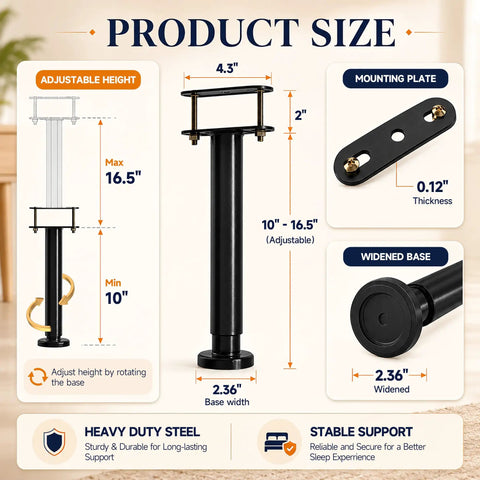 Illustration showing Heavy Duty Adjustable Bed Support Legs 4 Pack dimensions, adjustable height 10 to 16.5 inches, steel material.