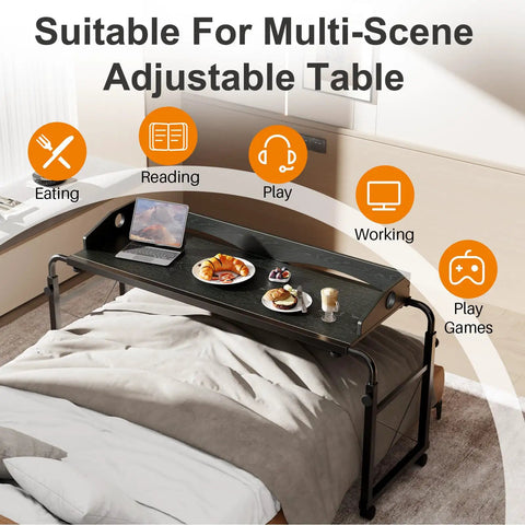 Super Handy Adjustable Laptop Desk For Bed With Wheels Overbed Table showcasing laptop and meal setup on a queen bed.