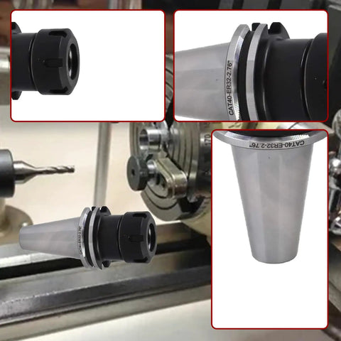 Close-up views of a Five Piece CAT40 ER32 Collet Set with Collet Chuck Tooling for CNC Milling Lathe and Engraving Machines.