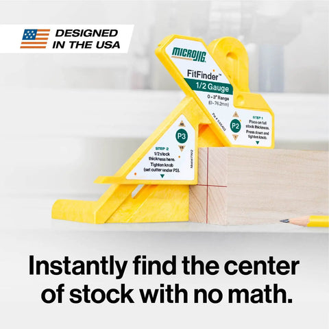 FitFinder Half Inch Gauge Wood Center Point Finder for table saw router bandsaw in use with yellow and wood in workshop.