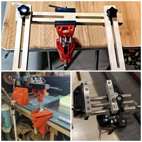 Shop Ready 3 Inch Heavy Duty Bench Vise With Rock Solid 360 Degree Ball Joint Tilt And Secure Clamp Mount For Garage Workshops Crafted From Durable Cast Steel Workshop Tools on a workbench.