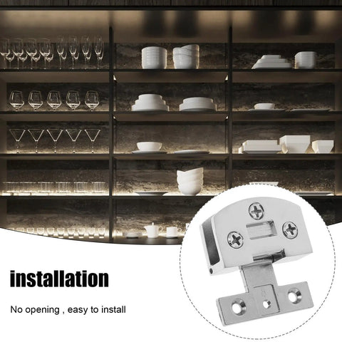 Heavy Duty Stainless Steel Glass Door Hinges With No Sweat Drill Free Mount For Tempered Glass Panels installed on a modern cabinet.