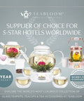 Display of Teabloom glass teapots with blooming teas and cups, highlighting warranty and 5-star hotel supplier status.