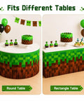 Two Pack Pixel Miner Party Table Skirts With Classic Green And Brown Block Pattern For Sick Gamer Birthday Decorations on round and rectangle tables.