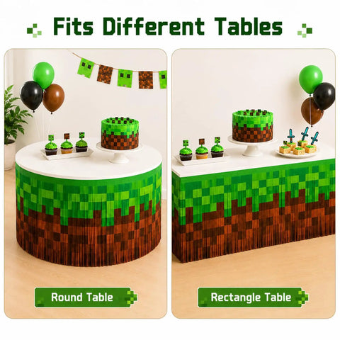 Two Pack Pixel Miner Party Table Skirts With Classic Green And Brown Block Pattern For Sick Gamer Birthday Decorations on round and rectangle tables.