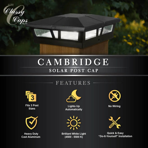 Solar Post Cap Light For 5x5 To 6x6 Posts Black Aluminum Auto On Off Weatherproof Outdoor Accent, lit on wooden post